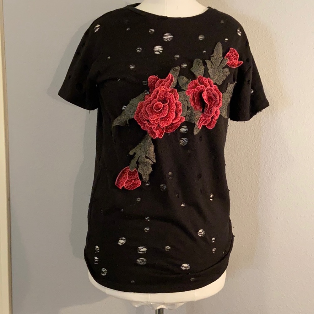 Black floral Distressed top